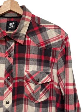 Route 66 Red Black Cream Plaid Western Snap Long Sleeve Shirt - Men’s XL
